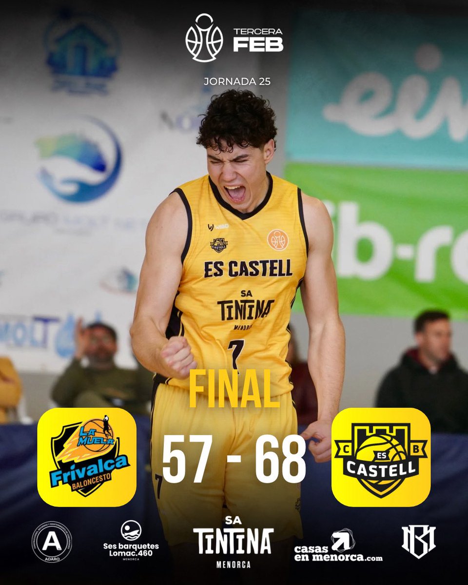 CbCastell's tweet photo. 📢 𝗙𝗜𝗡𝗔𝗔𝗔𝗟
🤩 Aconseguim batre el nostre rècord de victòries i ens ho jugarem tot la setmana que ve!

⚫️ Frivalca La Muela 5️⃣7️⃣
🟡 Sa Tintina CB Es Castell  6️⃣8️⃣

#TerceraFEB https://t.co/KtkqIbce5H