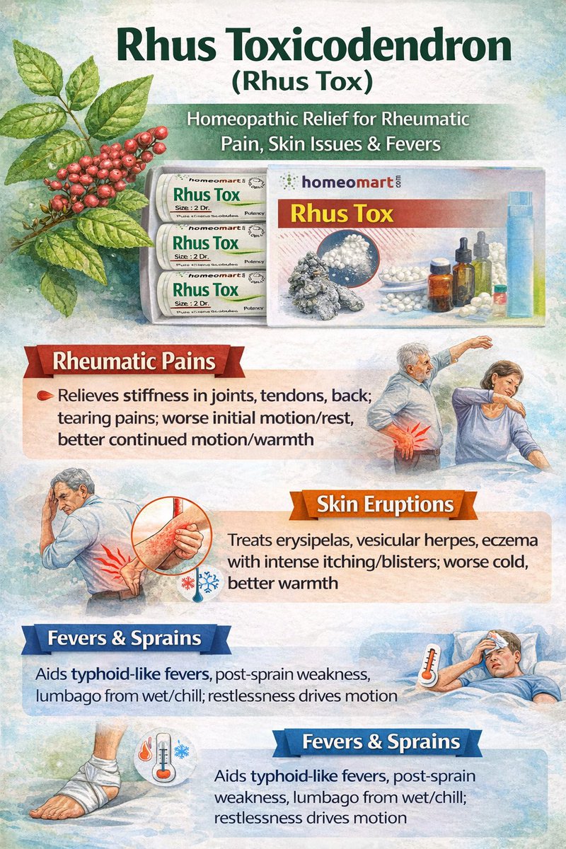 Rhus Toxicodendron (Rhus Tox) is a top homeopathic remedy for rheumatic stiffness and skin eruptions, per Boericke and Kent's Materia Medica. Symptoms improve with motion but worsen from rest or cold damp.  rebrand.ly/RhuTox