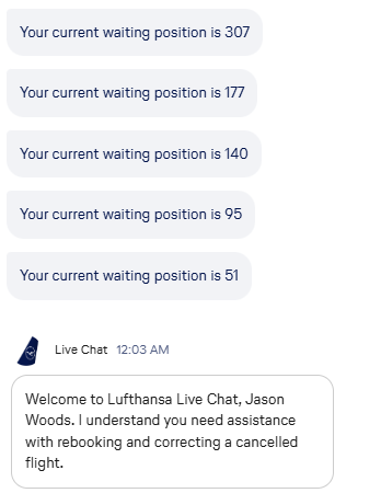 jsaucy_'s tweet photo. @lufthansa I'd like to give you a little context to what my experience was tonight with the Service Center... As you can see, I waited 3 hours in a 700+ person queue just to have the chat ended by your awful AI bot as soon as an agent started talking to me... https://t.co/x0YZ3UGbrw