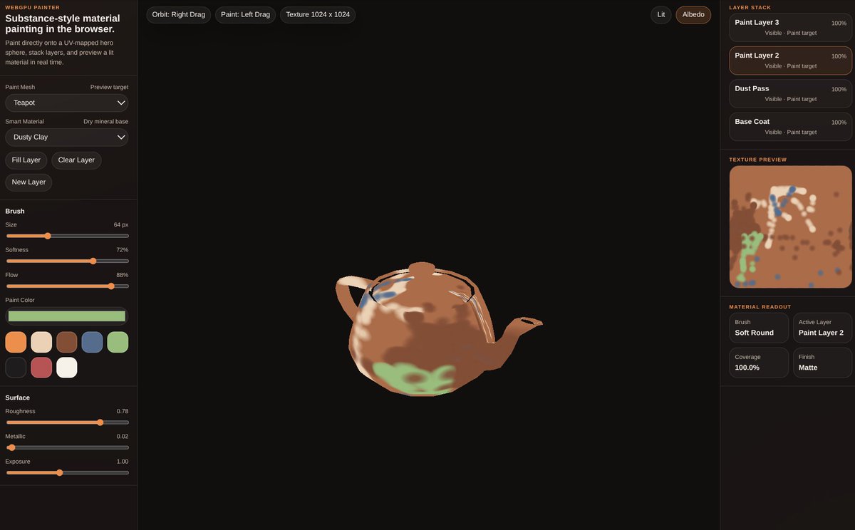 Really buggy ( the UV mapping does not follow the mouse) though also made a vibe coded web based materials painting app.