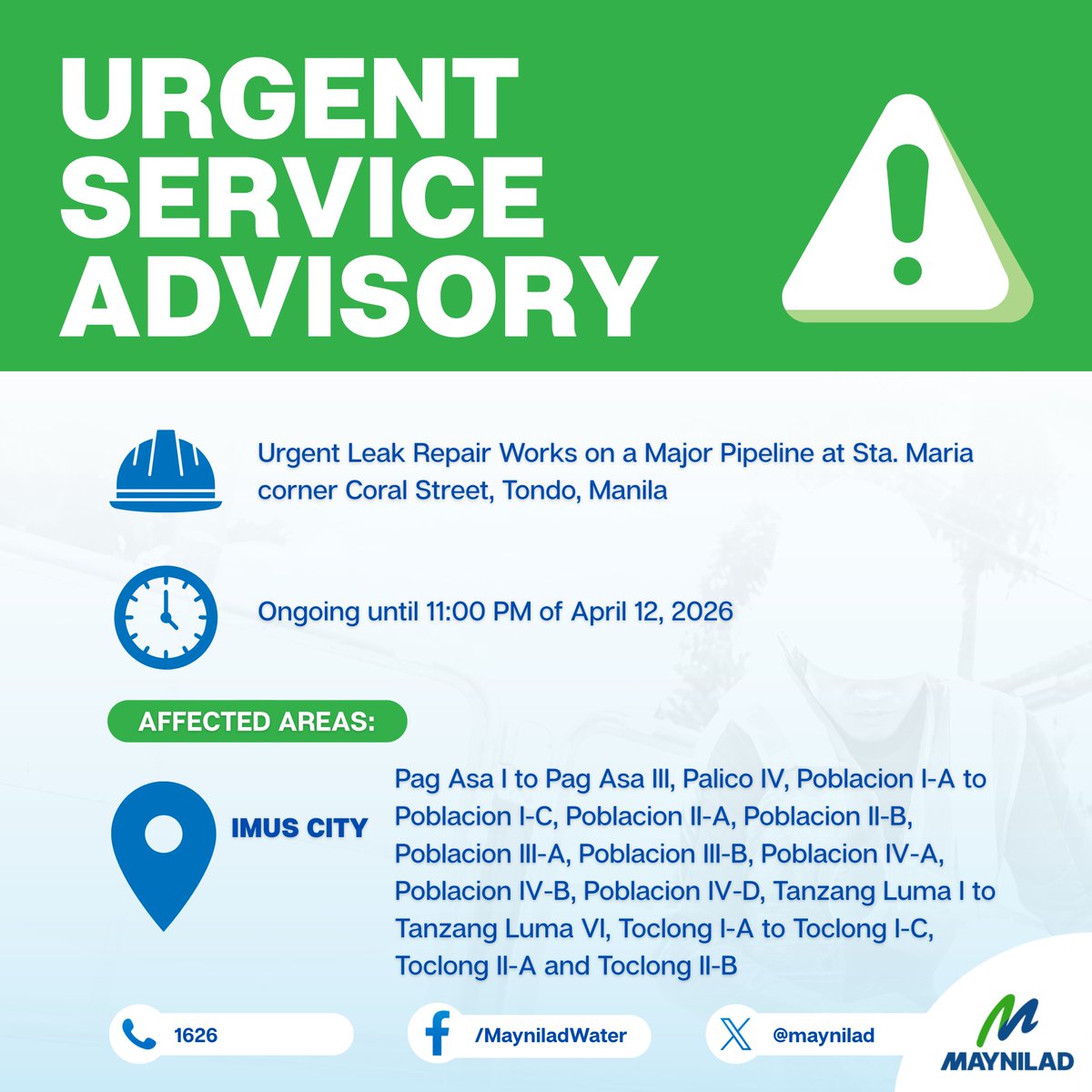 maynilad's tweet photo. Narito ang listahan ng mga apektadong barangay sa Bacoor City, Cavite City, Imus City, Kawit Cavite, Las Piñas City, Parañaque City, Pasay City at Rosario Cavite at ang kani-kanilang service interruption schedule dulot ng emergency leak repair activity sa Sta. Maria cor. Coral St., Tondo, Manila.

Magpapadala ang Maynilad ng mobile water tankers upang maghatid ng malinis na tubig kung kinakailangan ng mga apektadong customer.

Mayroon ding mga stationary water tanks sa piling lugar na maaaring pagkunan ng tubig habang nagpapatuloy ang repair activity.

Tuloy-tuloy ang pagtatrabaho ng aming field teams upang matapos ang repairs sa lalong madaling panahon.

Paalala lamang na ang restoration schedule ay maaaring magbago depende sa lawak ng pinsalang matutukoy habang isinasagawa ang repair works.
Humihingi kami ng paumanhin sa abalang dulot nito at lubos ang aming pasasalamat sa inyong pang-unawa.

Maynilad is being monitored and regulated by @mwssro.

For information of @CityofBacoor , @ImusCity, 

<1/3>