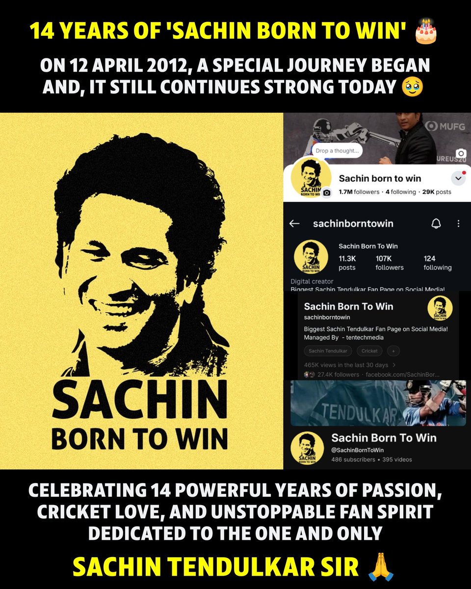 SachinBornToWin's tweet photo. 14 years of “Sachin Born To Win” is a journey built on pure love for cricket and deep admiration for the legendary @sachin_rt . Starting on 12 April 2012, this page has grown into a strong community driven by passion, memories, and respect for the cricket God. 🙏❤️ https://t.co/MEALjxMr2W