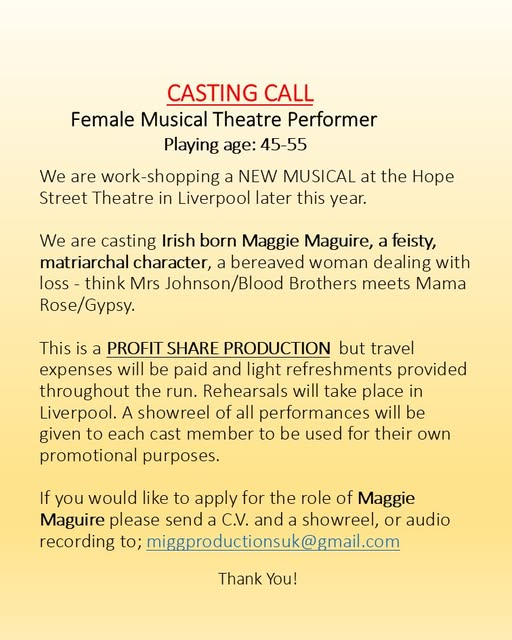 acting_updotcom's tweet image. .@MiggProductions seek musical #theatre #actress for  profit share production @HopeStTheatre #Liverpool.  #castingcall