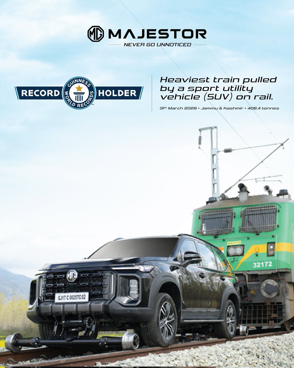 MGMotorIn's tweet photo. This isn’t just an award. It’s proof of intent and a declaration of capability. 

MG Majestor now holds the Guinness World Records™️ title for
“Heaviest train pulled by an SUV on rail“ in Jammu & Kashmir on 31st March 2026.

MG Majestor. Never Go Unnoticed.

#MGMajestor #NeverGoUnnoticed #MGMotorIndia #WorldRecord #GuinnessWorldRecords
