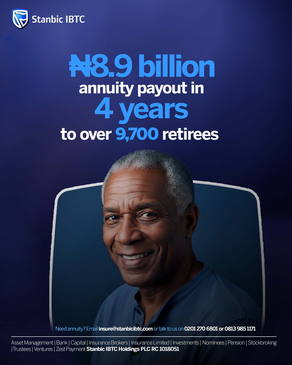 StanbicIBTC's tweet image. Each payout supports a life, honours a journey, and protects a future. In retirement, consistency and reliability matter.​

₦8.9 billion paid, over 9,700 retirees supported. With the right plan, your future is secure.​

#StanbicIBTC💙​
#RetirementPlanning ​
#Annuity