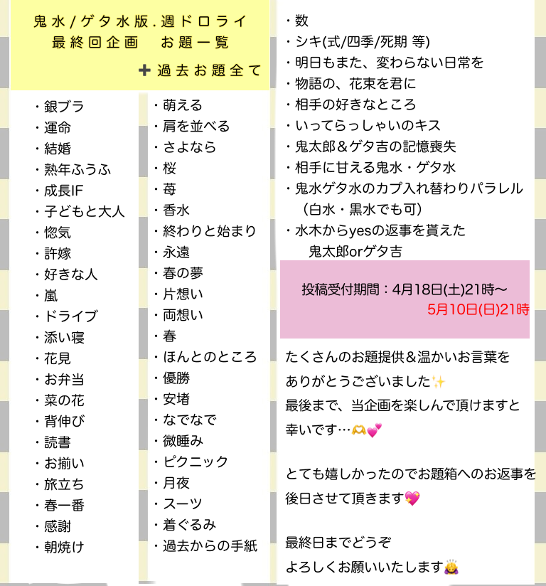 📢【最終回お題】

・投稿受付期間
4/18(土)21時から5月10日(日)21時まで

・お題
画像参照（翻訳機能の為、全お題をポストします）
＋
過去お題全て

お題のご協力ありがとうございました✨
おかげさまで、思っていた以上のご提案を頂きました🥰
そのため、投稿期間を数日延長させて頂きました…！