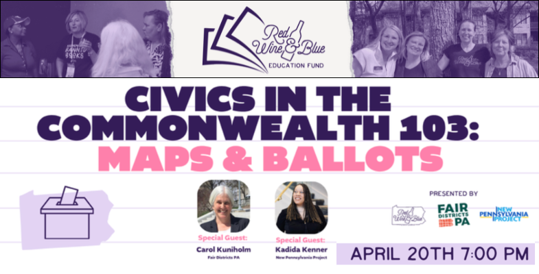 FairDistrictsPA's tweet photo. FDPA Chair @CKuniholm &amp; @NewPennsylvania's @kadidakenner are featured guests on April 20th in @RedWineBlueUSA Pennsylvania civics series on Zoom.
Learn more about PA #redistricting &amp; elections &amp; ways to take action to strengthen our democracy. https://t.co/MIGabKaaa3 https://t.co/RxpHsk3u5d