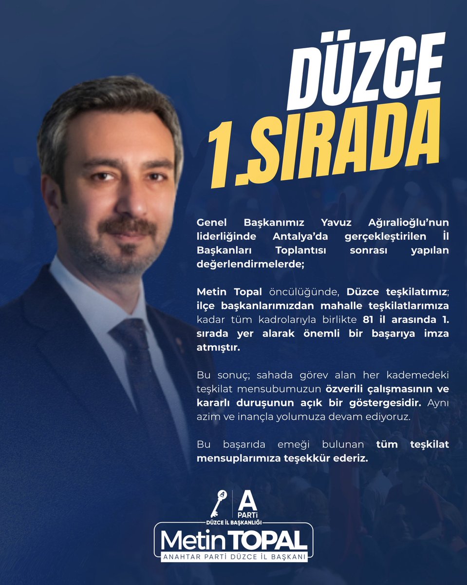 APartiDuzce's tweet photo. Genel Başkanımız Yavuz Ağıralioğlu’nun liderliğinde Antalya’da gerçekleştirilen İl Başkanları Toplantısı sonrası yapılan değerlendirmelerde;

Metin Topal öncülüğünde, Düzce teşkilatımız; ilçe başkanlarımızdan mahalle teşkilatlarımıza kadar tüm kadrolarıyla birlikte 81 il arasında 1. sırada yer alarak önemli bir başarıya imza atmıştır.

Bu sonuç; sahada görev alan her kademedeki teşkilat mensubumuzun özverili çalışmasının ve kararlı duruşunun açık bir göstergesidir. Aynı azim ve inançla yolumuza devam ediyoruz.

Bu başarıda emeği bulunan tüm teşkilat mensuplarımıza teşekkür ederiz.