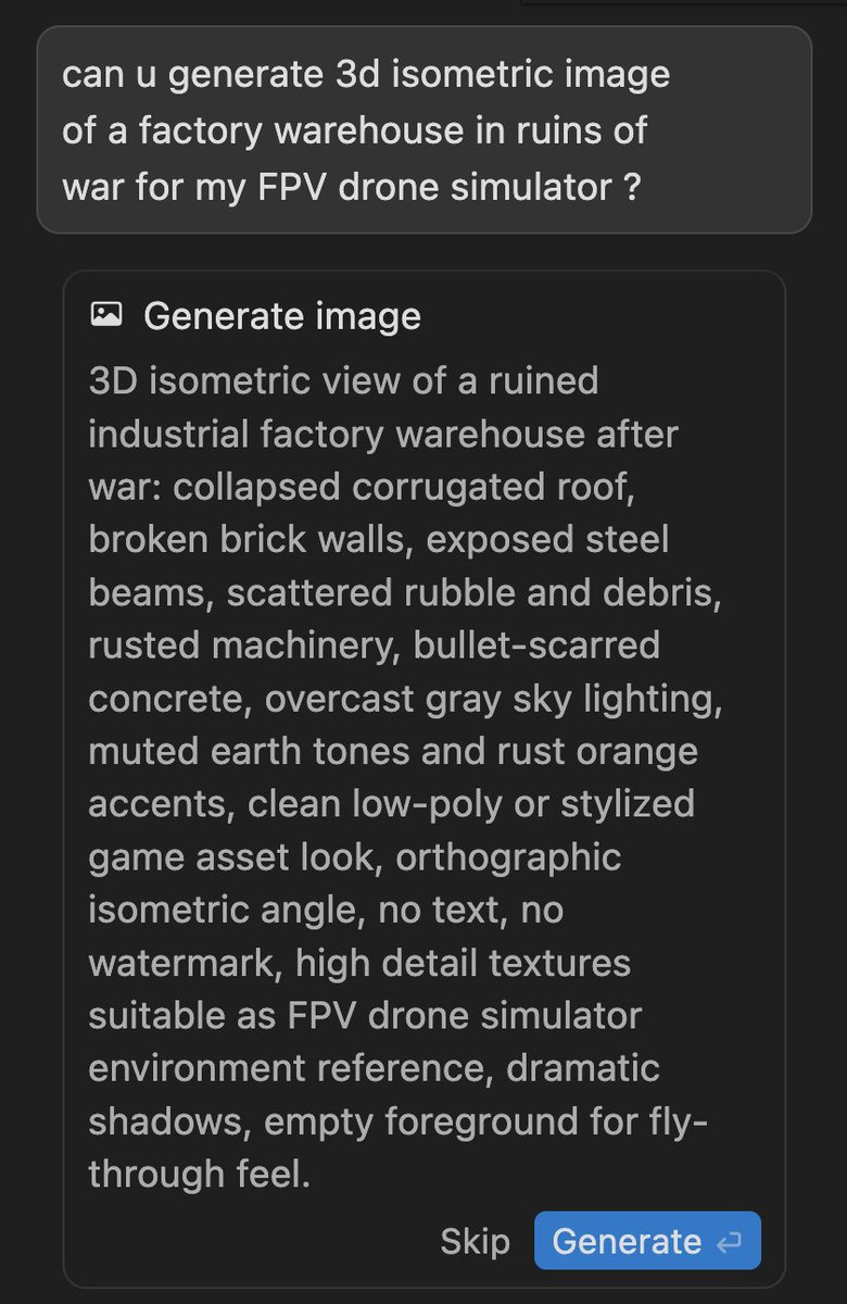 levelsio's tweet image. ✨ I can now generate 3d assets for my drone sim at drone.pieter.com directly from Cursor (sponsor of #vibejam)

I need buildings that you'd see in a war torn city, like warehouses in ruins, broken down abandoned houses, bombed out bridges etc.

Nano Banana Pro or 2 can