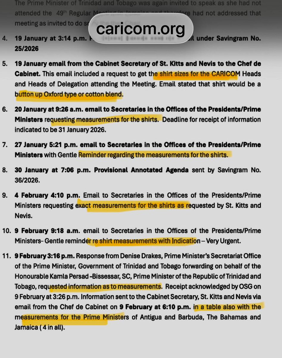 PM_Kamla's tweet photo. THE CARICOM SHIRT VS GS BARNETTs REAPPOINTMENT
According to CARICOMs own documents posted last night, between January 19th and February 26th (39 days) eight messages were sent to T&T regarding the soon to be legendary CARICOM shirt but zero messages were sent regarding any agenda item to reappoint GS Barnett. Clearly the shirt was of utmost significance and importance but the reappointment of the GS of CARICOM was not. 

They also chose to intentionally leave out a response to a most important aspect of our letter: the  notification via WHATSAPP at 8:56am on February 26th, 2026 (the actual day of the Retreat), from the CARICOM Secretariat that the Retreat was for Heads of Governments ONLY  and subsequent confirmations from the Chef de Cabinet Janice Miller.

 "Good morning Foreign Ministers. Chairman PM Drew has indicated that today will be a Heads only retreat. Notwithstanding any indication otherwise, he would like it to remain Heads only. He apologizes for any inconvenience. Ministers should therefore remain for the Community Council Meeting to complete its work, including those agenda items from the Heads agenda which Community Council is to consider and provide recommendations to Heads for adoption." 

When will Barnett and Miller address this WhatsApp message which was sent to foreign ministers including Minister Sobers that was verified by our Director of CARICOM? At best  Minister Sobers was disinvited because he had no fancy CARICOM shirt, at worst he was disinvited to deliberately facilitate Ms Barnett’s surreptitious reappointment process.

Even their own email from Chef de Cabinet Janice Miller dated 22nd February 2026 states that the retreat is only for heads of government which contradicts their position that minister Sobers was invited.

Where are the minutes of the retreat meeting? Where’s GS Barnett’s performance appraisal? Where’s the documentation of the 2021 appointment process which is claimed to be the same as the 2026 process. Where’s the other documentation requested in our letter of April 9th 2026? 
Hopefully the citizens of CARICOM will be provided with time stamped copies of these documents. 

Any progress towards deepening the integration process is being diminished by the continued aversion to transparency regarding this  surreptitious, corrupted and flawed process used to reappoint GS Barnett. The deliberate attempts to avoid accountability but instead willfully and publicly smear my minister of Foreign and CARICOM affairs Sean Sobers will continue to be met with public responses from myself and my government. I again call on the CARICOM secretariat for the requested documentation that was itemized in Minister Sobers April 9th 2026 letter to be provided.(Or maybe Charles could help you all on a next facebook post to smear Minister Sobers🤫) 
Have a wonderful Sunday everyone 🫶💛😊