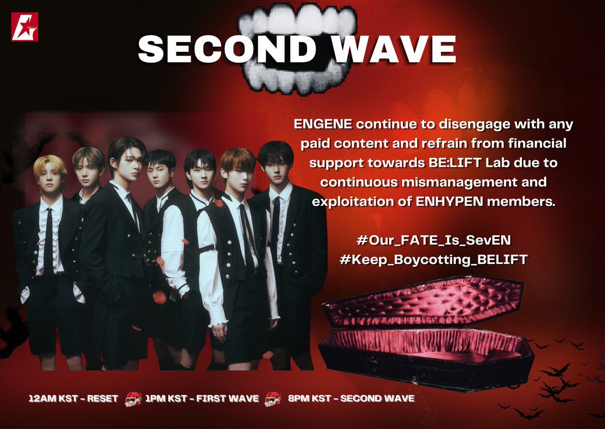 🚨2ND WAVE IS HERE. RT AND DROP THE TAGS! 🚨

ENGENE continue to disengage with any paid content and refrain from financial support towards BE:LIFT Lab due to continuous mismanagement and exploitation of ENHYPEN members.

#Our_FATE_Is_SevEN
#Keep_Boycotting_BELIFT