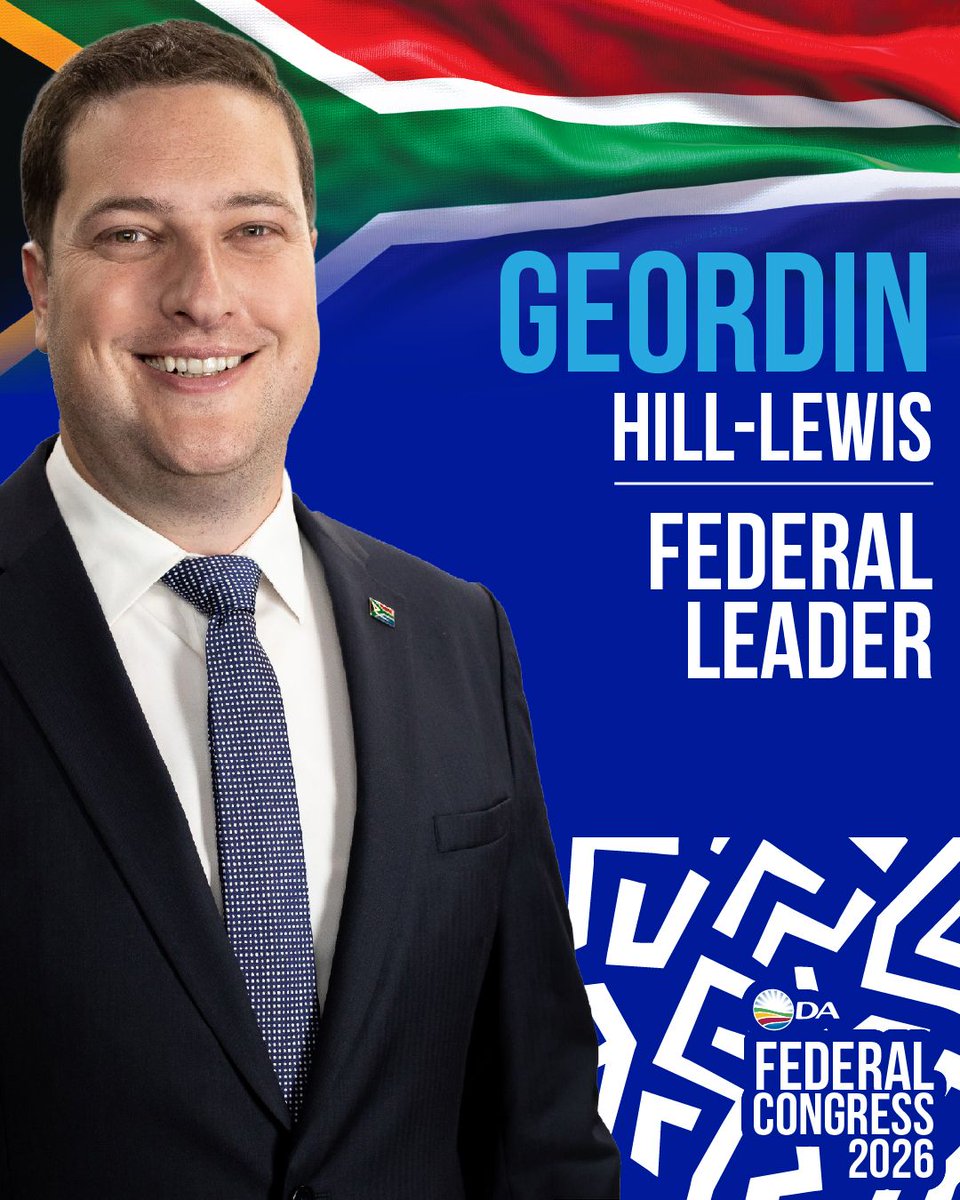 Our_DA's tweet photo. 🇿🇦💙 A historic moment!

The DA has officially elected the new Federal Leader. Delegates have spoken, and Geordin Hill-Lewis is ready to drive our mission of Getting South Africa Working. Where the DA governs, services are delivered.

Let’s get to work, SA!

#DAcongress2026 https://t.co/r0V3WshMEd
