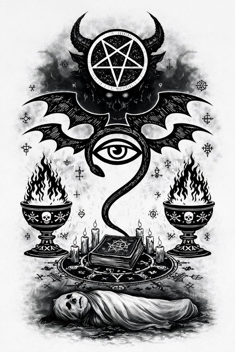 00101Recon's tweet photo. A necromantic vision from my own imagination.
The central mark is the eye-serpent with bat wings — a Dracula-like symbol of watching, ritual, and death.
Built as a dark occult concept image.

#AIArt #ChatGPT #DALLE #GermanAIArt #Necromancy #OccultSymbol #BatWingSerpent #Fantasy https://t.co/gx2aBiLjAV