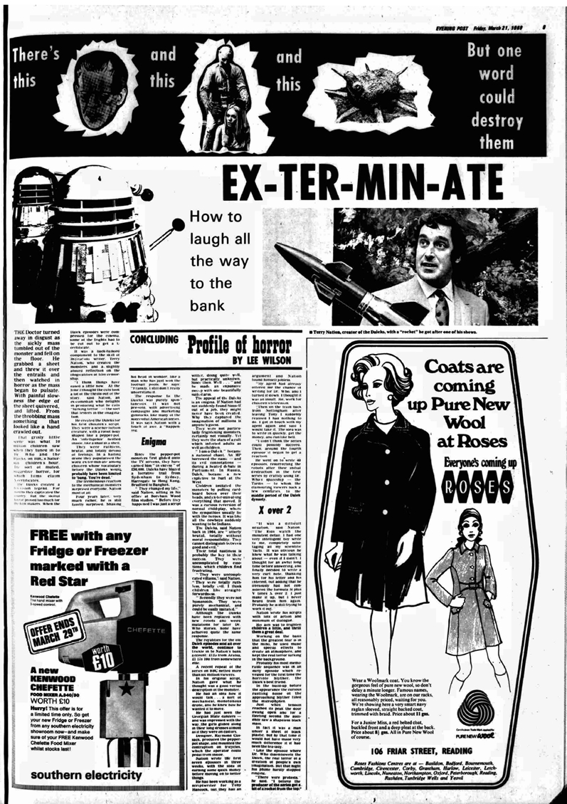 DoctorWhoPix's tweet image. Ex-ter-min-ate ~ Reading Evening Post, 1969

#DoctorWho #DrWho