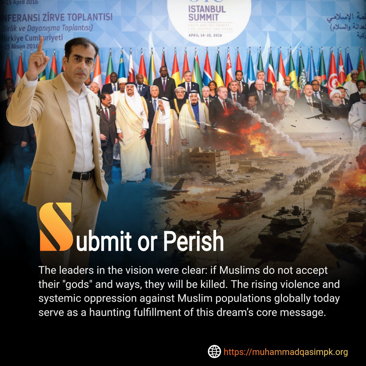 Qasim’s dreams warn of an impending World War 3, a war that will devastate the Muslim world unless shirk is removed and Islamic governance is revived. Muhammad Qasim