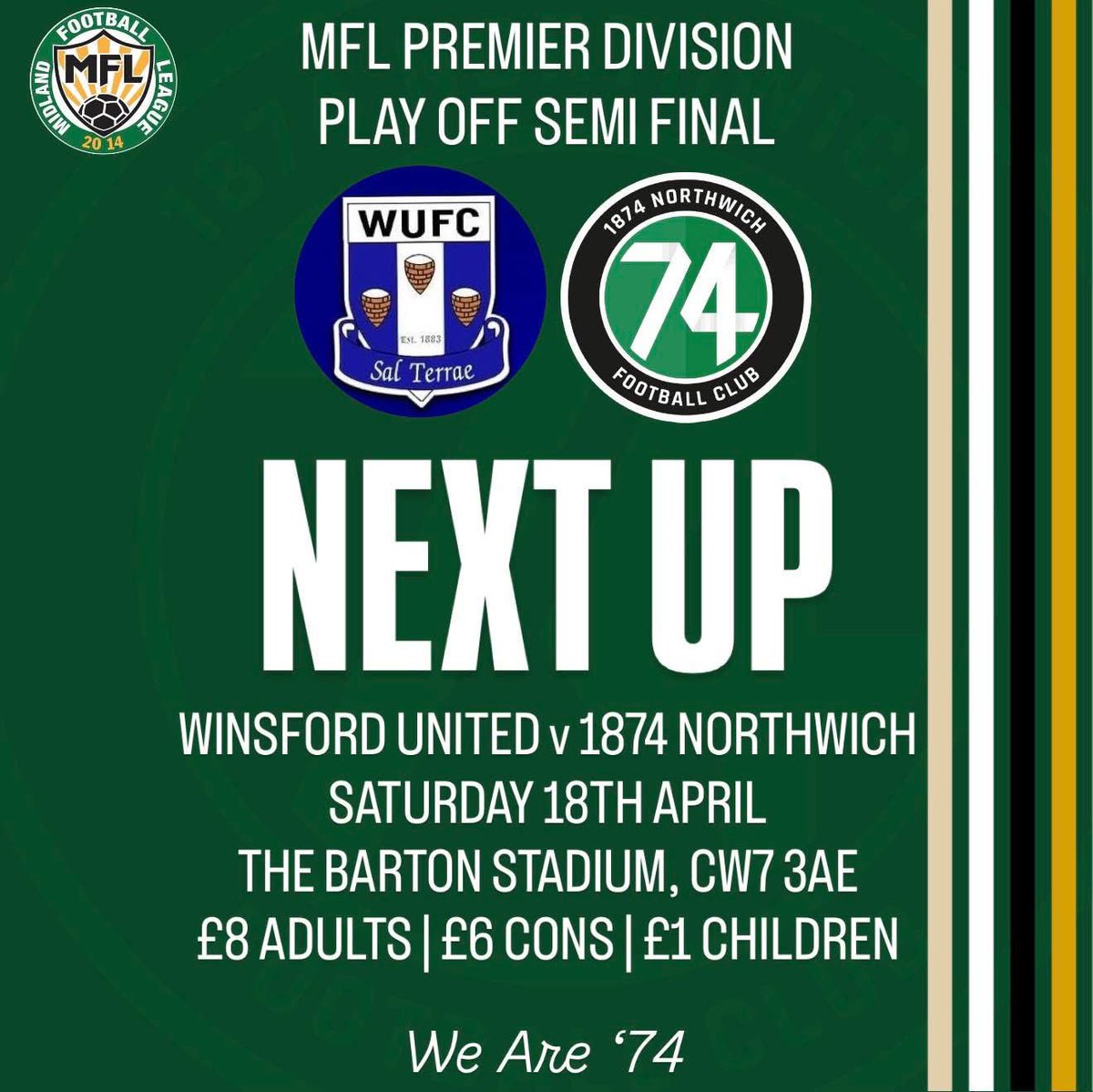 1874Northwich's tweet photo. 𝐓𝐡𝐞 𝐩𝐥𝐚𝐲 𝐨𝐟𝐟𝐬 𝐚𝐰𝐚𝐢𝐭 👊

We travel to our friends Winsford United at the Barton Stadium on Saturday for an all Mid Cheshire play off Semi Final 💪

We need you, Greens - bring your voices and colours and lets give the lads all our support possible 💚

#WeAre74 https://t.co/v7Y1sKOrBR