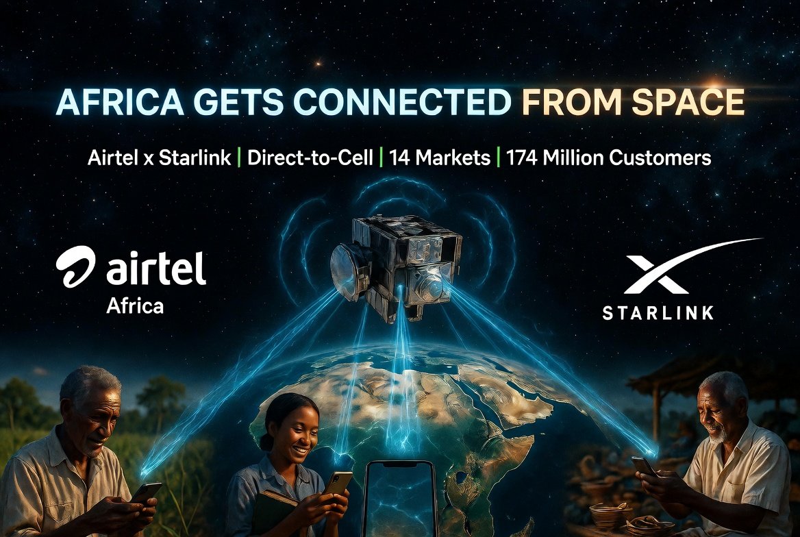 thenoisemakerhq's tweet photo. 🚨 Something massive just happened in African connectivity and nobody is talking about it loudly enough.
Airtel Africa just partnered with Starlink for Direct-to-Cell satellite technology across 14 African markets.
The sky is no longer the limit. It's the solution.
Let me break it down. 👇