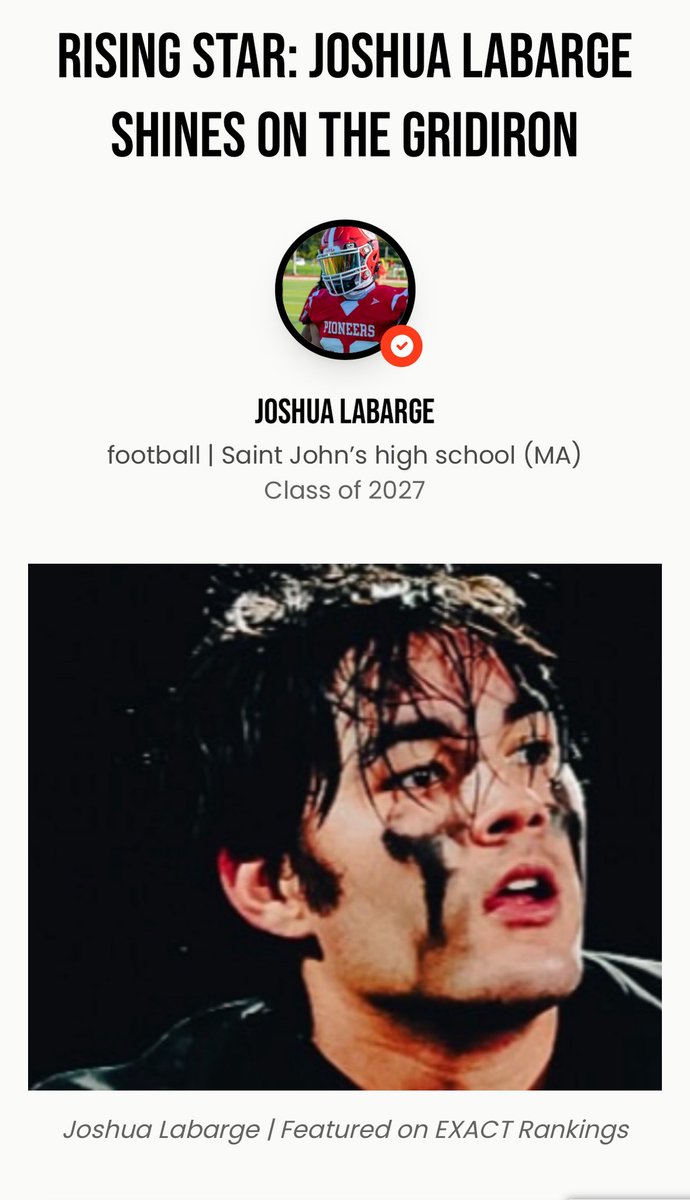 JoshuaLaba75295's tweet photo. Thank you Exact Rankings for making this article shining light on my football journey! @ExactRanking @247recruiting @youareathlete @PRZNewEngland @CoachSen_SJ https://t.co/CCXqVbDQog https://t.co/8U29afAep7