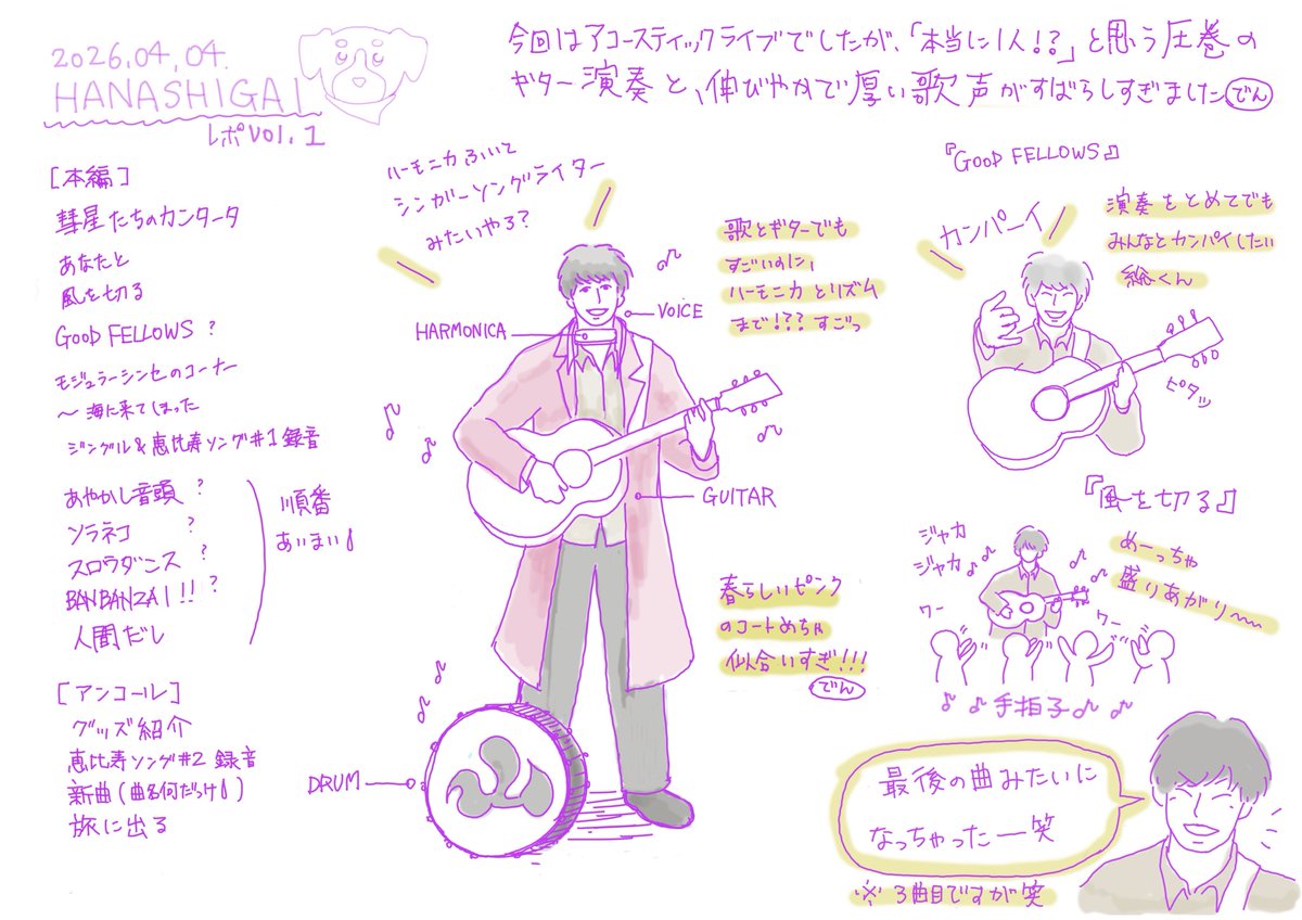 denden202307's tweet photo. 『#HANASHIGAI』ライブレポートvol.1です🐶続きはまた来週のんびり描きます笑 曲順曲名曖昧なところがあるので、覚えてる方いましたら記憶を補填していただけると嬉しいです☺️ https://t.co/hmE8HpLyP7