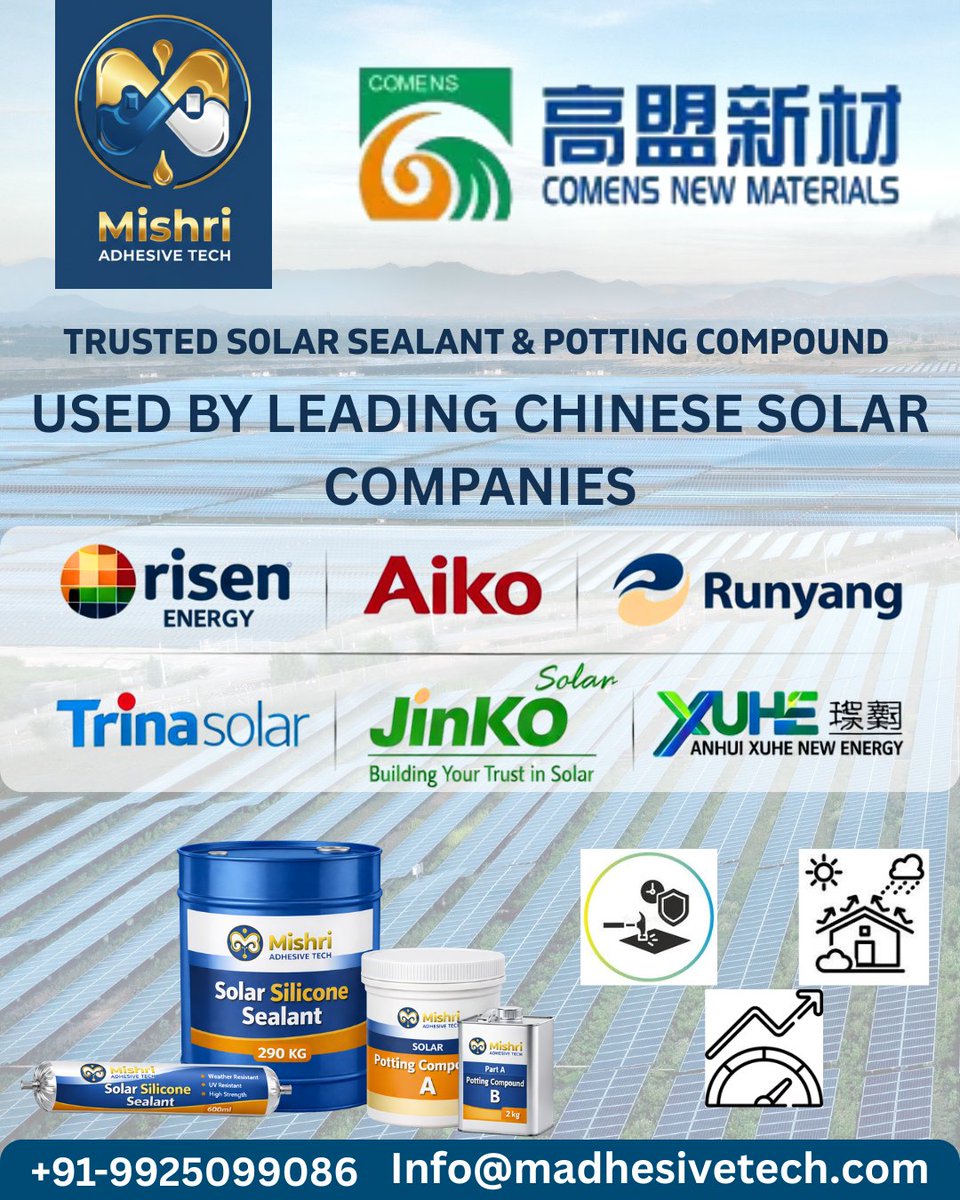 Madhesivetech's tweet image. Trusted by top solar brands like **JinkoSolar, Trina Solar &amp;amp; Risen Energy ☀️

Mishri Adhesive Tech offers high-performance Solar Sealant &amp;amp; Potting Compound for durable solar solutions.

📞 +91-9925099086
#SolarEnergy #SolarSealant #CleanEnergy #B2B #RenewableEnergy