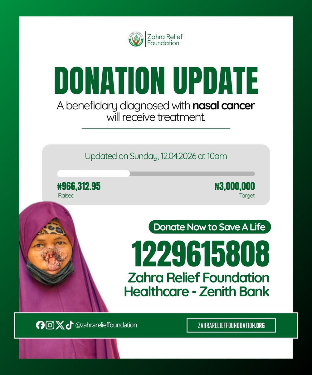 Zahra_Relief_F's tweet photo. Donation Update: ₦966,312.95 raised, ₦2,033,687.05 to go⌛

Kindly give what you can. Every action counts.🙏

1229615808 | Zahra Relief Foundation Healthcare | Zenith Bank.

#zahrarelieffoundation #Viral https://t.co/Pv2ZhGcQ6P