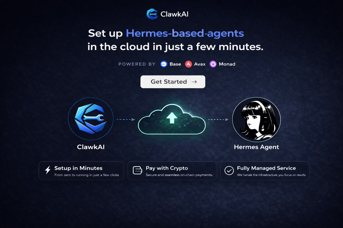 clawkaiapp's tweet photo. You can now setup Hermes Agent on Cloud and buy AI credits and compute using stablecoins on Base, Avax and Monad through ClawkAI.

All through one click deployments with 100+ models, connectors, web3 platform skills, and built in support for chatGPT auth! https://t.co/STBzbIQZcY