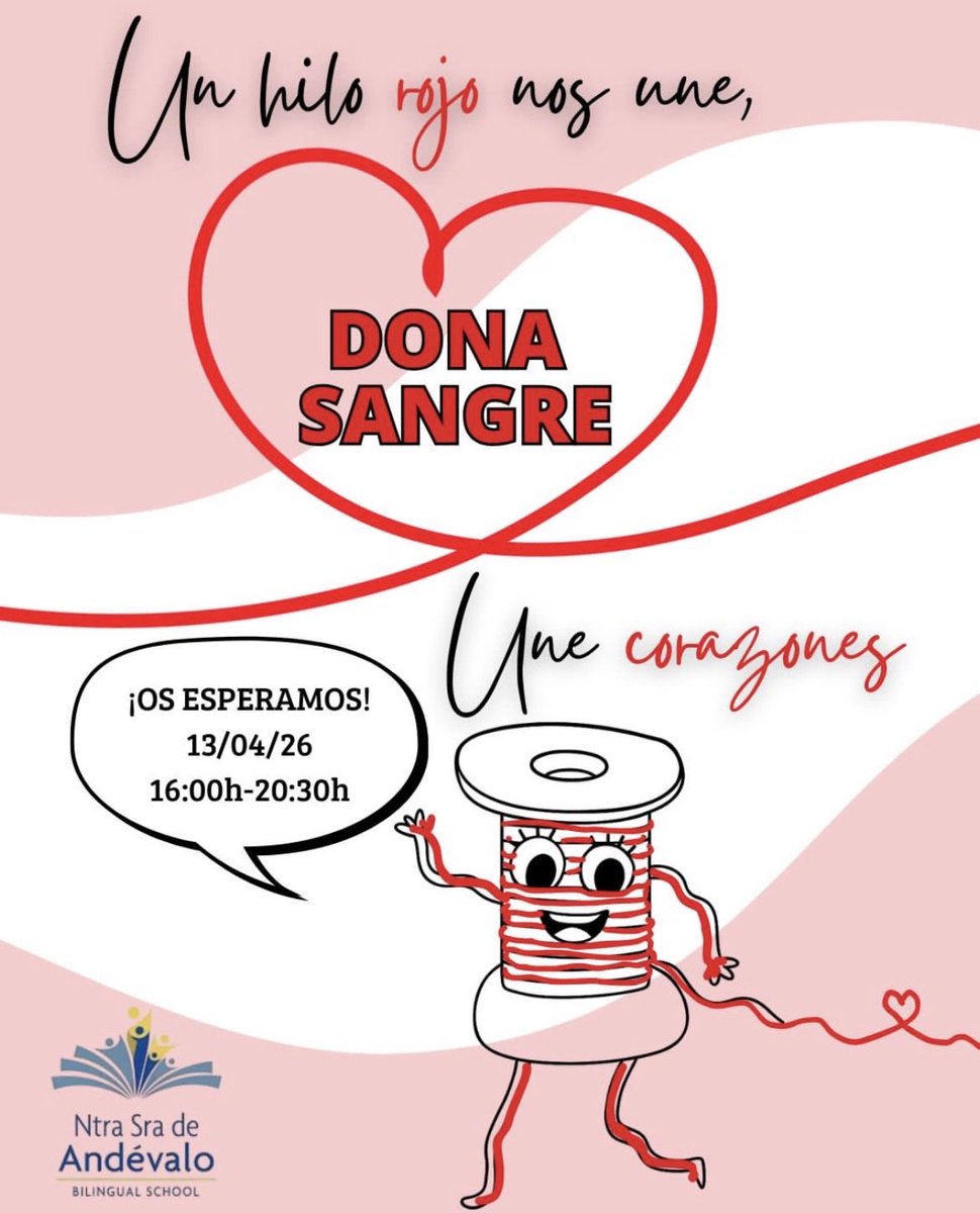 🩸 Dona sangre, une corazones 🩸

Os esperamos mañana 13 de abril de 16:00 a 20:30h en nuestro colegio para salvar vidas.

Además, mientras #donasangre, los más pequeños también podrán disfrutar de: minidisco, pintacaras, juegos de mesa y manualidades.