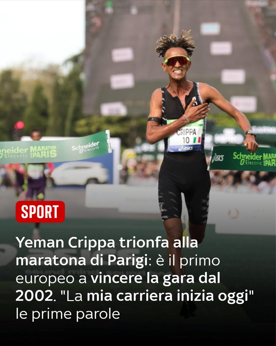 SkyTG24's tweet photo. Yeman #Crippa compie l'impresa e vince la maratona di Parigi, una delle più partecipate, circa 60mila iscritti, e importanti gare sui 42.195 chilometri del mondo. Il runner trentino delle Fiamme Oro ha vinto in 2 ore 05 minuti e 18 secondi, suo nuovo primato personale ➡️ https://t.co/mSKJ72mtz8