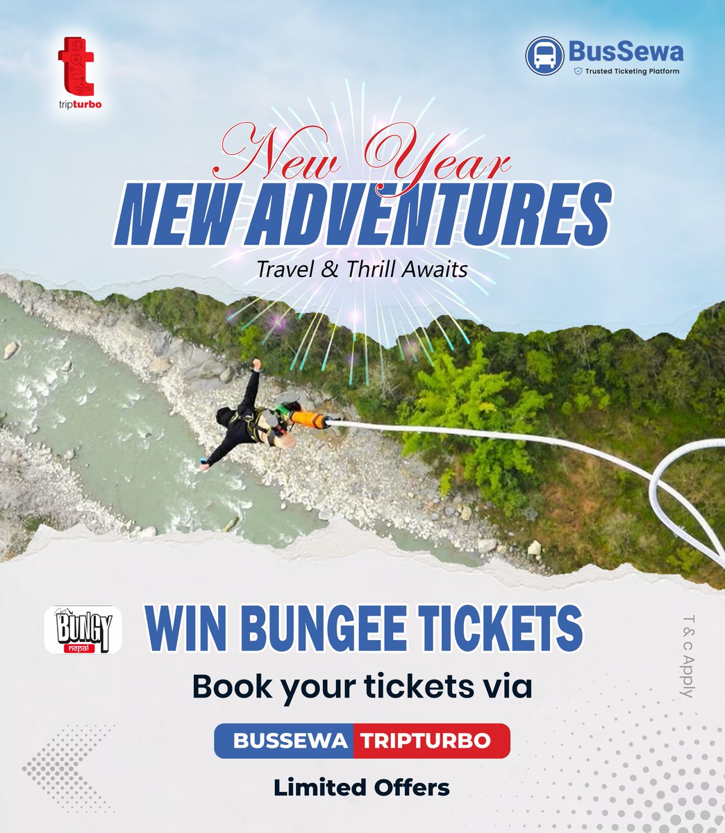 𝐍𝐄𝐖 𝐘𝐄𝐀𝐑, 𝐍𝐄𝐖 𝐀𝐃𝐕𝐄𝐍𝐓𝐔𝐑𝐄!

Celebrate 𝐍𝐞𝐰 𝐘𝐞𝐚𝐫 𝟐𝟎𝟖𝟑 with Travel, Thrill and Adventure!
𝐁𝐮𝐬𝐒𝐞𝐰𝐚 × TripTurbo  present exciting travel rewards:
• 2 Paragliding Tickets + 2 Both-way Luxury Bus Tickets
• 2 Bungee Jump Tickets + 2 Both-way Luxury