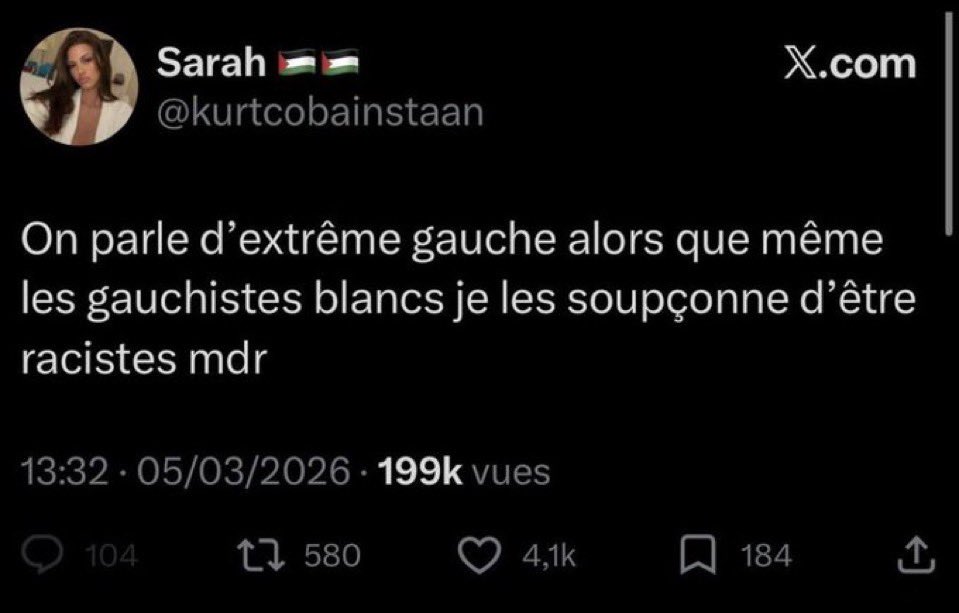 « palestine vaincra » en bio alors qu’elle préférerait sauver son vieux chat plutôt qu’un enfant de Gaza, encore une énième gwer de gauche performative mdrrrrr Sarah Nostradamus nous avait prévenu