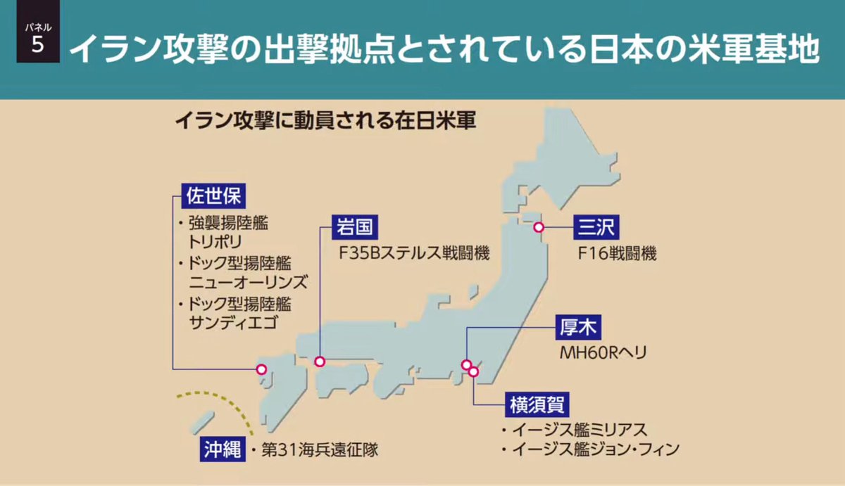 38etCafe_'s tweet photo. もはや、日本は戦争の当事国です。
日本国内、今わかっているだけでもこれだけの箇所が出撃拠点としてイラン攻撃に利用された。

我々は、加担したのです。 https://t.co/8WBelYYrOh