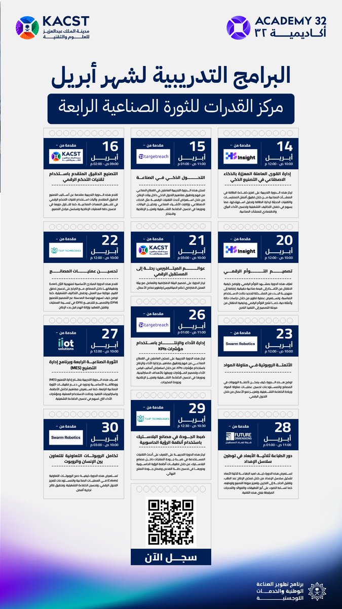 يقدم مركز القدرات للثورة الصناعية الرابعة سلسلة من البرامج التدريبية المتخصصة خلال شهر أبريل تجمع بين الخبرة التطبيقية وأحدث التوجهات في البحث والتطوير والابتكار بما يسهم في بناء قدرات وطنية مؤثرة ومستدامة 🇸🇦

#أكاديمية32 #KACST #ندلب #NIDLP #الابتكار #البحث_والتطوير #RDI