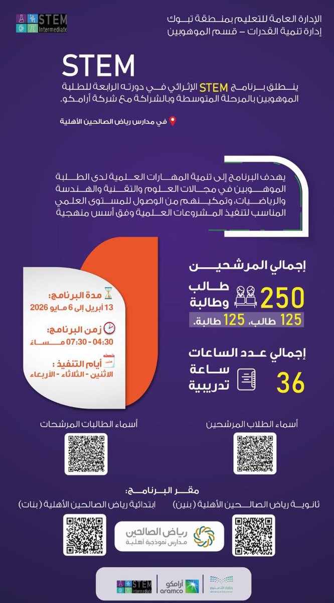 تستضيف مدارسنا  
برنامج STEM الإثرائي والذي يقام بالشراكة مع شركة أرامكو ويُشرف عليه إدارة تنمية القدرات ( #قسم_الموهوبين)  بـ #تعليم_تبوك. #تبوك #رياض_الصالحين