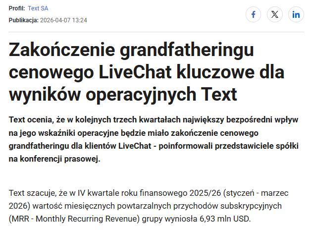 RobertPietraga's tweet image. #Sezon6 #RaportzPortfela #FinanseOsobiste
19/25

🔸 #text +0,32 %

I czas powrócić do wątku z początku raportu:
"...Zakończenie grandfatheringu cenowego LiveChat kluczowe dla wyników operacyjnych Text. "
Więcej szczegółów poniżej. źródło: #papbiznes