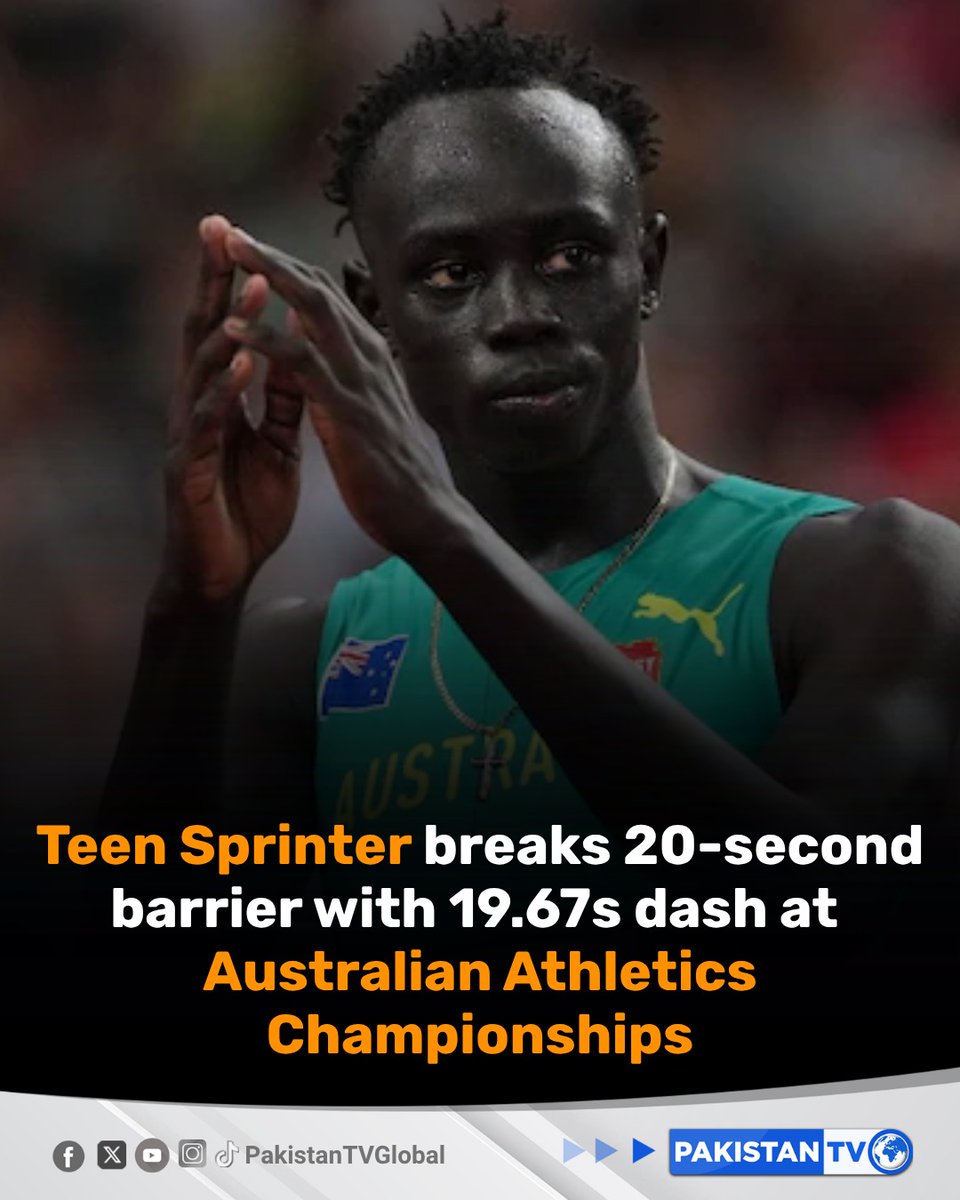 PakTVGlobal's tweet photo. Teen sensation Gout Gout stormed to victory in the 200m with a stunning 19.67 seconds at the Australian Athletics Championships, finishing ahead of Aidan Murphy and clocking one of the fastest times of the year.

#GoutGout #AustralianAthletics #200mSprint #TrackAndField
#SprintKing #PakistanTV