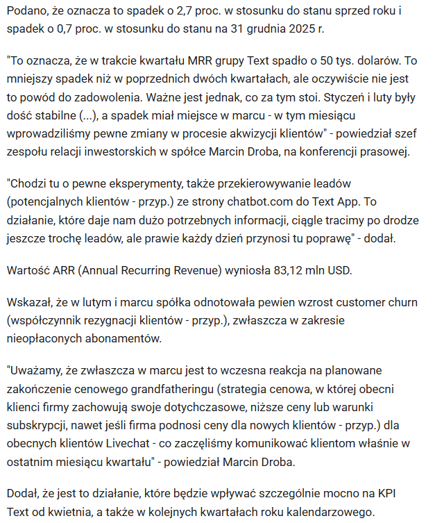 RobertPietraga's tweet image. #Sezon6 #RaportzPortfela #FinanseOsobiste
19/25

🔸 #text +0,32 %

I czas powrócić do wątku z początku raportu:
"...Zakończenie grandfatheringu cenowego LiveChat kluczowe dla wyników operacyjnych Text. "
Więcej szczegółów poniżej. źródło: #papbiznes