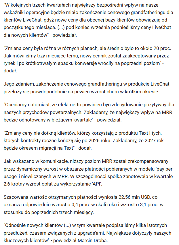 RobertPietraga's tweet image. #Sezon6 #RaportzPortfela #FinanseOsobiste
19/25

🔸 #text +0,32 %

I czas powrócić do wątku z początku raportu:
"...Zakończenie grandfatheringu cenowego LiveChat kluczowe dla wyników operacyjnych Text. "
Więcej szczegółów poniżej. źródło: #papbiznes
