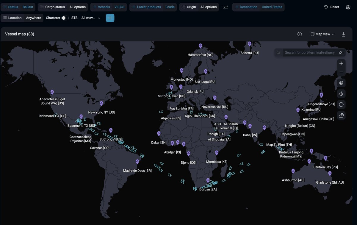 carkujon's tweet photo. @IdWalkThat @Knesix this is @Vortexa . the map is filtered down to empty VLLC+ heading to US. here's a fresh screenshot: https://t.co/etX6LT8RiV