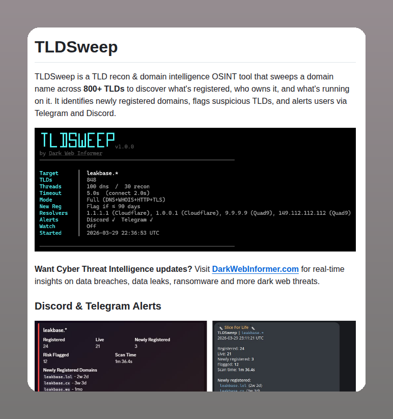 tom_doerr's tweet image. Scans 800+ TLDs for domain intelligence

github.com/DarkWebInforme…