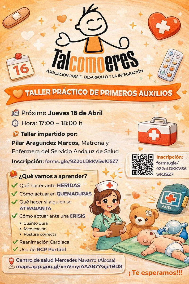 Tal_Como_Eres's tweet photo. 🧡 *TALLER PRÁCTICO DE PRIMEROS AUXILIOS*

📅 Próximo Jueves 16 de Abril
🕔 Hora: 17:00 – 18:00 h
⸻
👩‍🏫 Taller impartido por:
Pilar Aragundez Marcos, Matrona y Enfermera del Servicio Andaluz de Salud
⸻
Inscripción: https://t.co/RvbwXDETYB

Te esperamos!!!🧡 https://t.co/GAi5xX5qhp