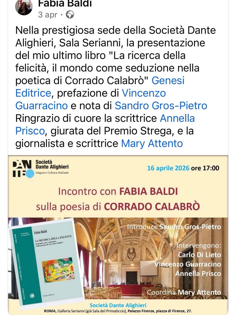 MaryAttento's tweet photo. Condivido il post lieta di incontrare ne @la_dante l'autrice @FabiaBaldi, il protagonista del libro @CorradoCalabr #SandroGrosPietro, Carlo Di Lieto, Vincenzo Guarracino, @PriscoAnnella e tutti i partecipanti📚
Grazie al Presidente @la_dante e al segretario gener @MasiAlessandro https://t.co/ljB8LSjBEI
