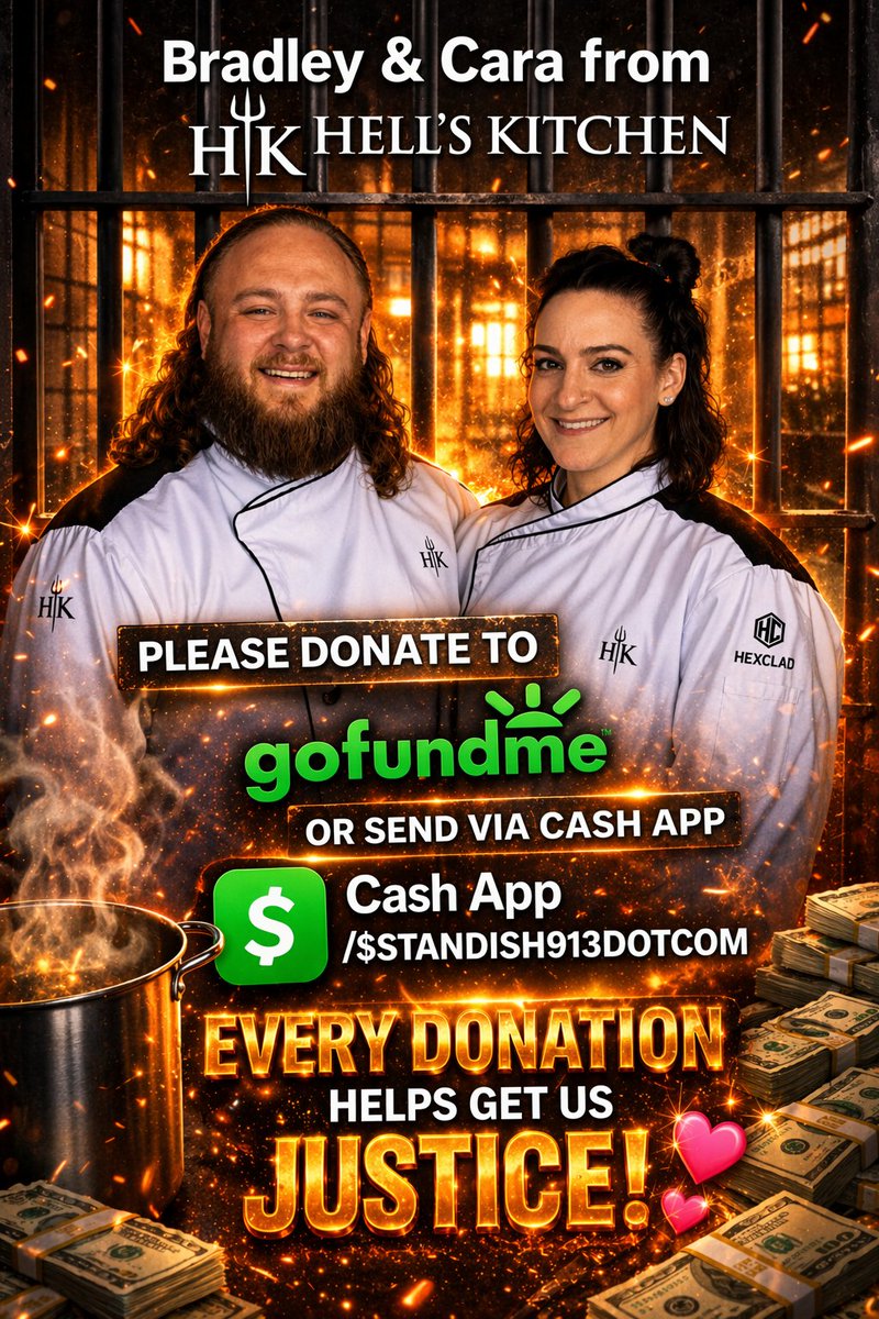 Standish913's tweet image. 🔥🔥 When legends step up… Your turn to stand beside them!

Huge thank you to #HellsKitchen stars Bradley &amp;amp; Cara for donating to the “ARE WE IN JAIL?” documentary! 🧑‍🍳🔥👩‍🍳 

Want featured in the credits alongside these 2 incredible #chefs?

DONATE: gofund.me/14cd6e750