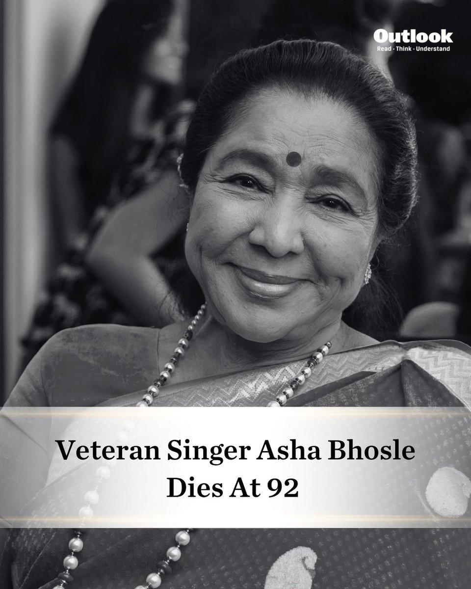 Outlookindia's tweet image. Legendary playback singer and Padma Vibhushan and Dadasaheb Phalke awardee, Asha Bhosle passed away at 92 in Mumbai, leaving behind a legacy of over 12,000 songs in more than 20 different languages across eight decades.

#AshaBhosle #Singer