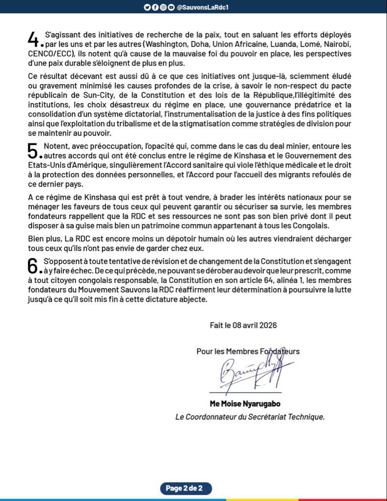 JamsMupualaRdc's tweet image. #RDC:@SauvonsLaRdc1 (#suite)

2è Conclave du Mouvement #Sauvons la #RDC - #Communiqué #final 

4️⃣S'agissant des initiatives de recherche de la paix, tout en saluant les efforts déployés par les uns et par les autres (#Washington, #Doha, #Union_Africaine, #Luanda, #Lomé, #Nalrobi,
