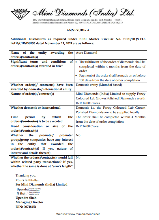 alkeshthakkar's tweet image. DATED : 10/04/2026

#MINID - 16.65

MDIL is pleased to inform its shareholders that the Company has secured a significant domestic order of INR 14.00 Crores from a Mumbai based existing client on April 09, 2026 for supply of fancy coloured cut and polished lab grown diamonds.