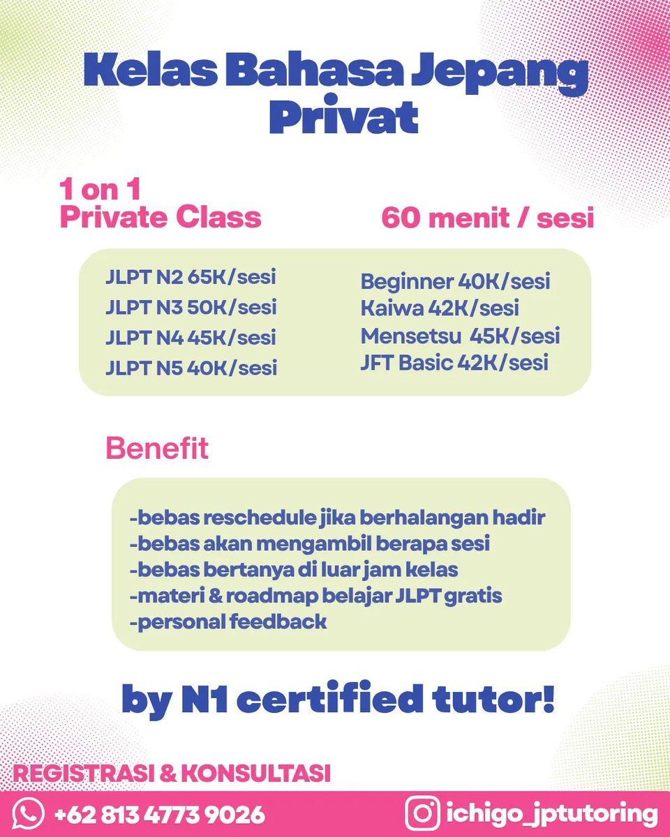 aidnnami's tweet photo. @sintiaP98845526 @_rmdhani @hrdbacot Ini ya kak, durasinya 1 jam per sesi, untuk kaiwa 1 sesi 42K, jadwalnya menyesuaikan jadwal yg kosong, tersedia jadwal dari pagi sampai jam 23.00 WIB, bisa dm utk detail jadwalnya kak 🙌 https://t.co/M8PoEP3sIh