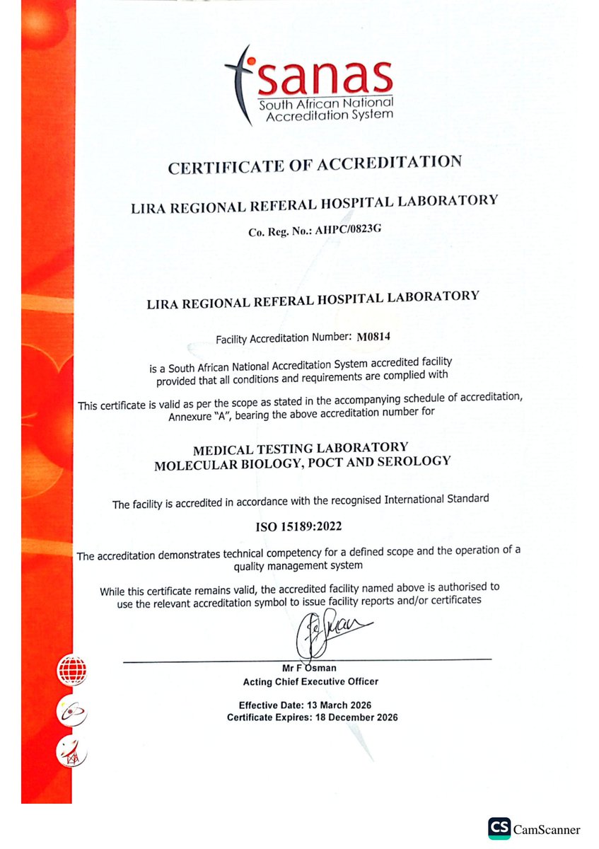 Lira_RRH's tweet photo. UPDATE: Lira Regional  Referral  Hospital  Satelite Laboratory has officially been accredited by South African National Accreditation  System  (@SANAS_SA).

According  to Sanas, the Satelite Laboratory met all required International Technical  Competency Standards.

All Molecular  Biology,  POCT,and Serology tests reports from the laboratory are internationally recognized. 

This major milestone strengthens confidence in our healthcare systems and ensures patients receive reliable, world-class diagnostic services right here at home.
@DrOdur73456 @JaneRuth_Aceng
@MinofHealthUG
