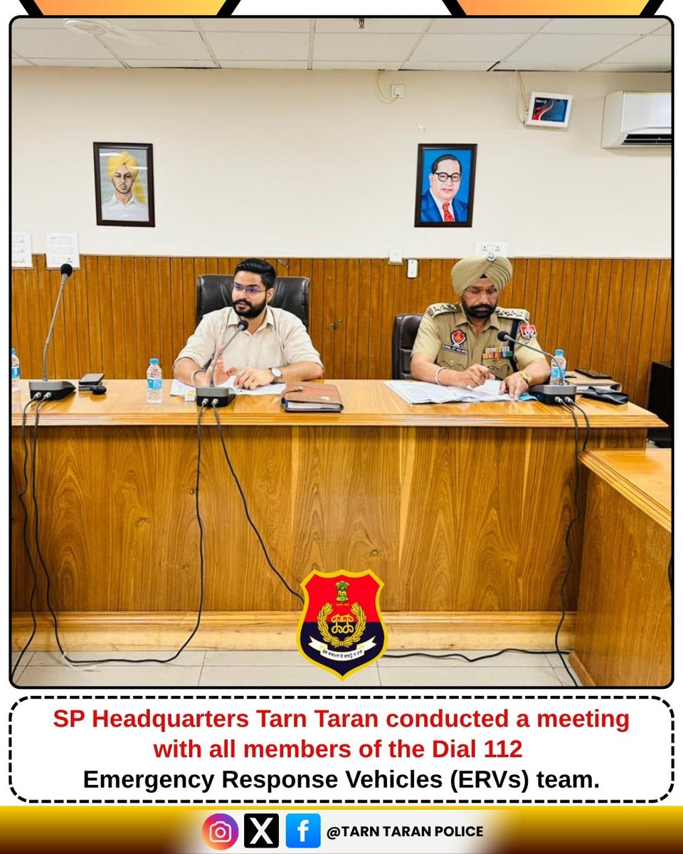 TarnTaranPolice's tweet image. 🚨 Review Meeting Held for Dial 112 ERVs in Tarn Taran 🚨
SP Headquarters Tarn Taran conducted a meeting with all members of the Dial 112 Emergency Response Vehicles (ERVs) team.
#TarnTaranPolice #Dial112 #EmergencyResponse #PublicSafety #PunjabPolice #ServiceWithDedication