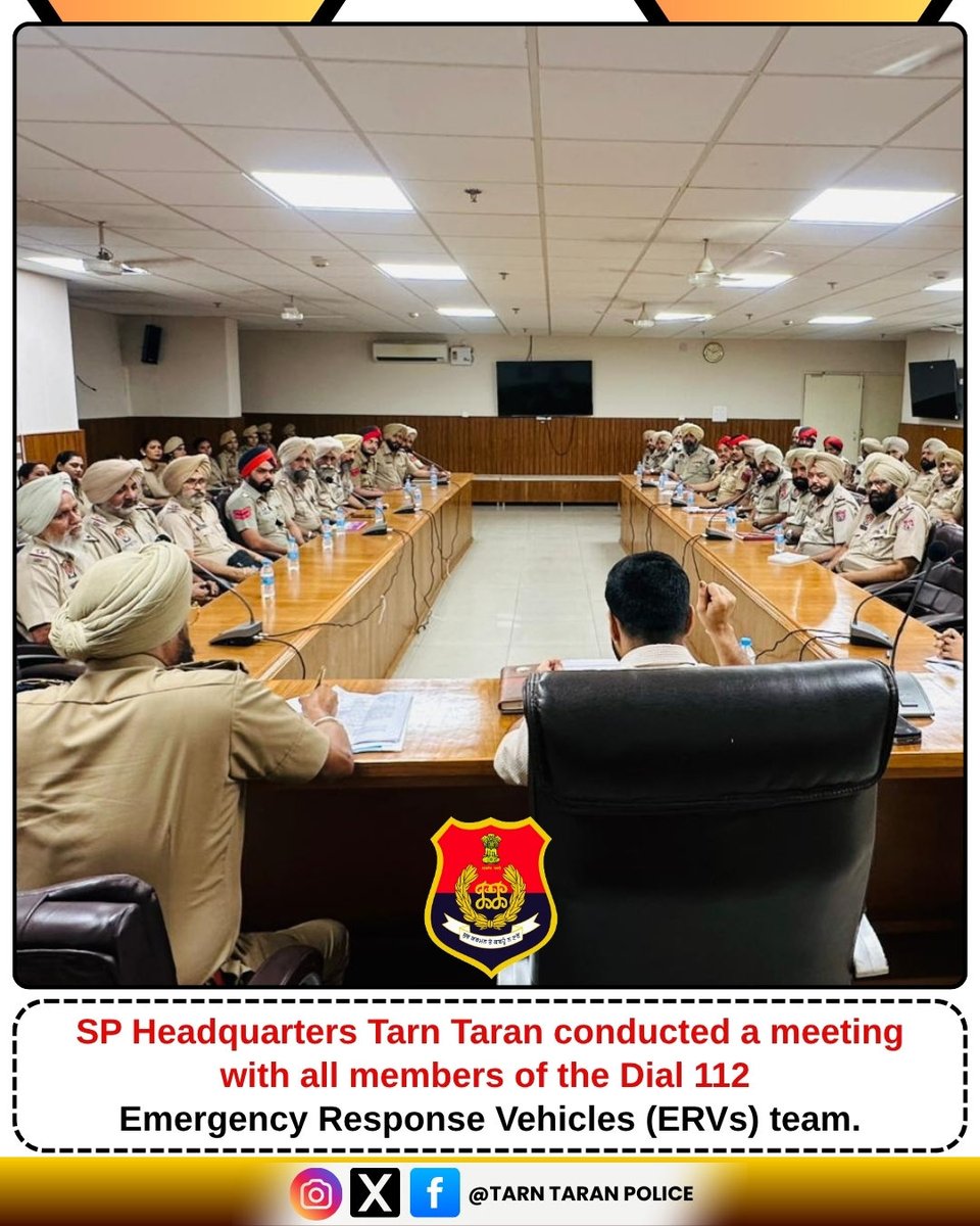 TarnTaranPolice's tweet image. 🚨 Review Meeting Held for Dial 112 ERVs in Tarn Taran 🚨
SP Headquarters Tarn Taran conducted a meeting with all members of the Dial 112 Emergency Response Vehicles (ERVs) team.
#TarnTaranPolice #Dial112 #EmergencyResponse #PublicSafety #PunjabPolice #ServiceWithDedication