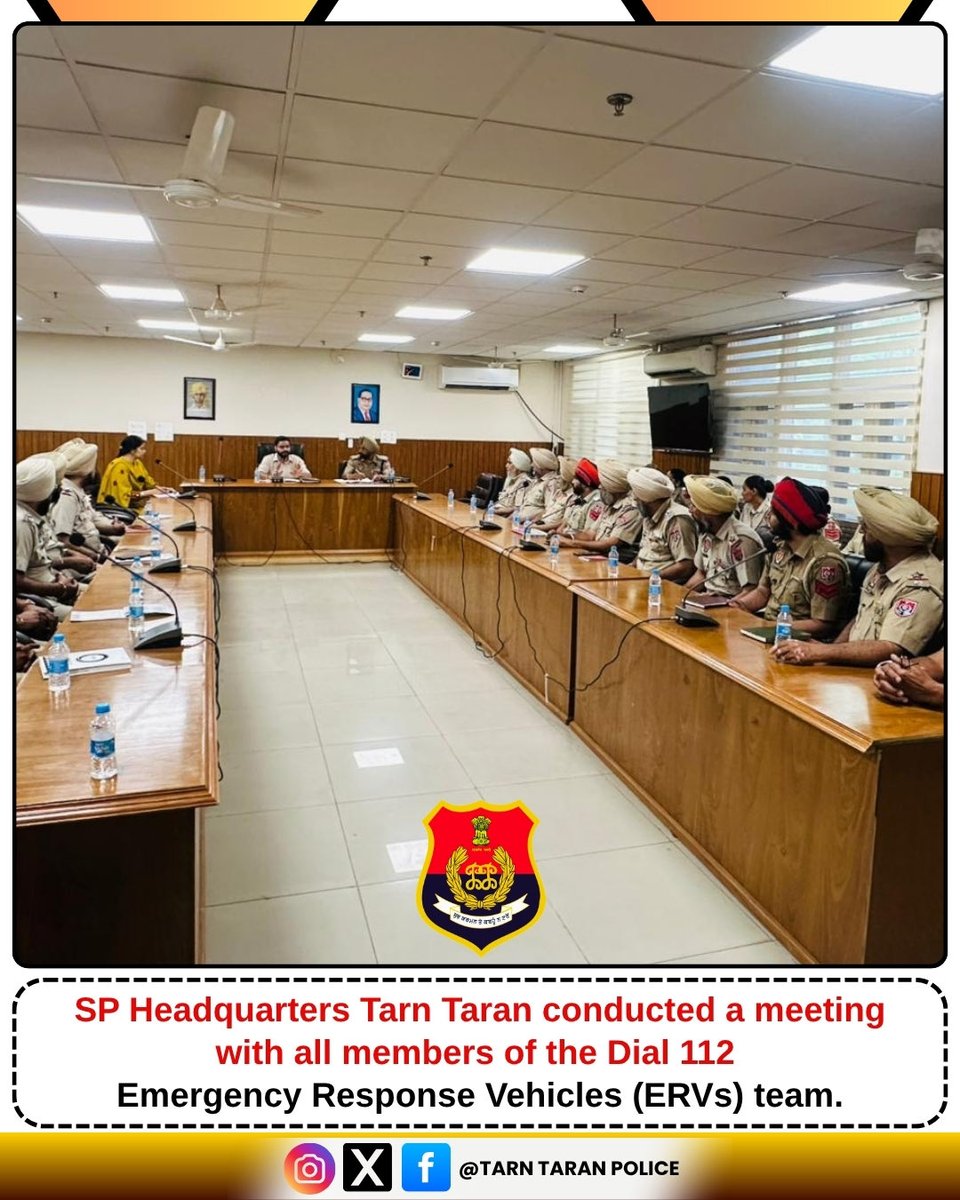 TarnTaranPolice's tweet image. 🚨 Review Meeting Held for Dial 112 ERVs in Tarn Taran 🚨
SP Headquarters Tarn Taran conducted a meeting with all members of the Dial 112 Emergency Response Vehicles (ERVs) team.
#TarnTaranPolice #Dial112 #EmergencyResponse #PublicSafety #PunjabPolice #ServiceWithDedication